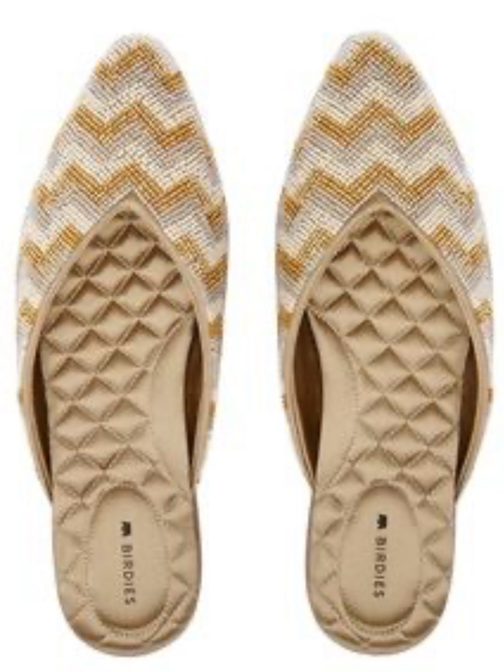 Birdies Swan Metallic Woven Beaded Pointed Slip-On Mules in Gold and Cream